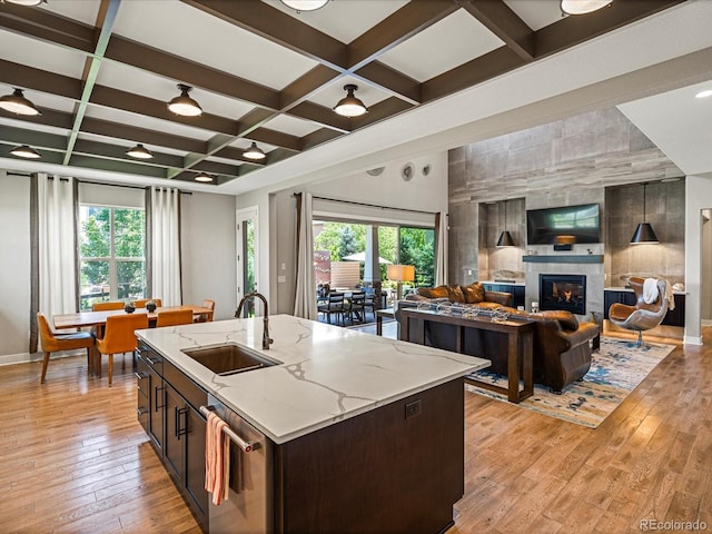 1291 Fountain Ln, Erie, CO 80516 - kitchen with dishwasher, plenty of natural light, coffered ceiling, light wood-style flooring, and a tile fireplace