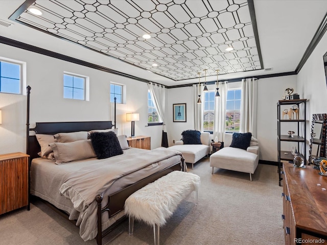 1291 Fountain Ln, Erie, CO 80516 - carpeted bedroom featuring crown molding, multiple windows, and recessed lighting