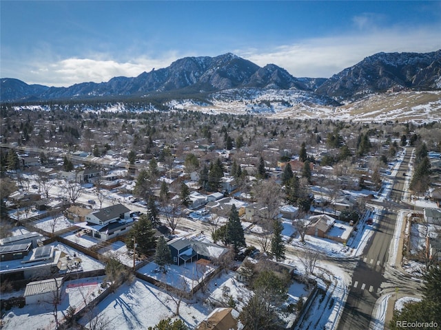 snowy aerial view with a mountain view