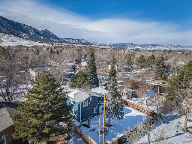 snowy aerial view with a mountain view