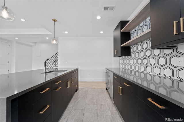 8077 Raphael Ln, Littleton, CO 80125 - kitchen with dark cabinets, open shelves, tasteful backsplash, and recessed lighting