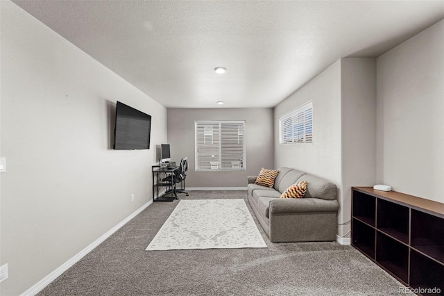 carpeted living room with baseboards and a textured ceiling