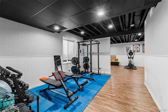 exercise area featuring a wainscoted wall and wood finished floors