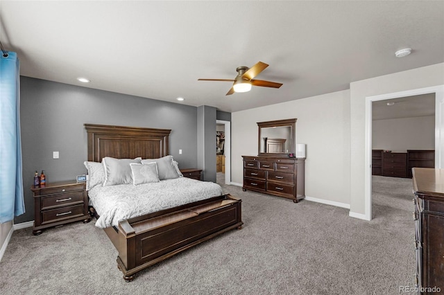 bedroom with recessed lighting, light carpet, baseboards, and a ceiling fan