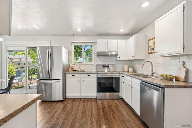 7565 Newland St, Arvada, CO 80003 - kitchen featuring stainless steel appliances, under cabinet range hood, dark wood finished floors, white cabinetry, and recessed lighting