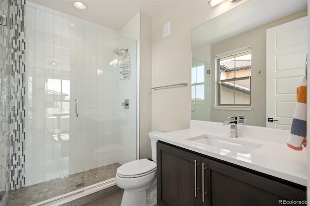 2136 S Juniper St, Lakewood, CO 80228 - bathroom featuring toilet, a stall shower, vanity, and recessed lighting