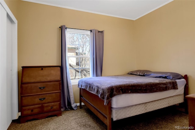 carpeted bedroom with crown molding