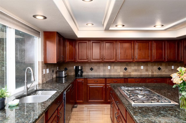 kitchen with dark stone counters, stainless steel appliances, a tray ceiling, and a sink