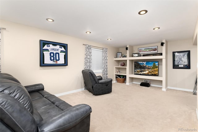 living room with baseboards, carpet flooring, and recessed lighting