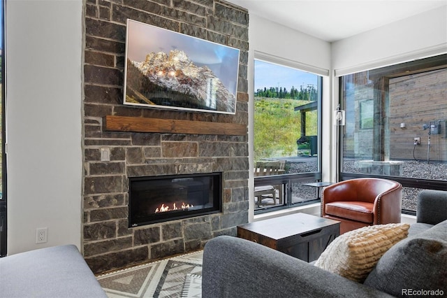 living room with a fireplace