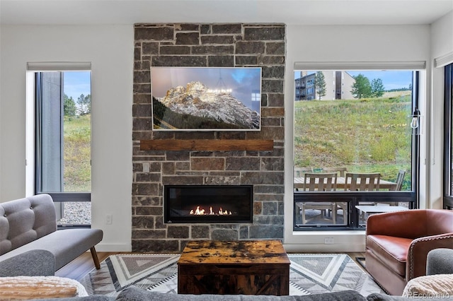 living room with a stone fireplace, plenty of natural light, and wood-type flooring