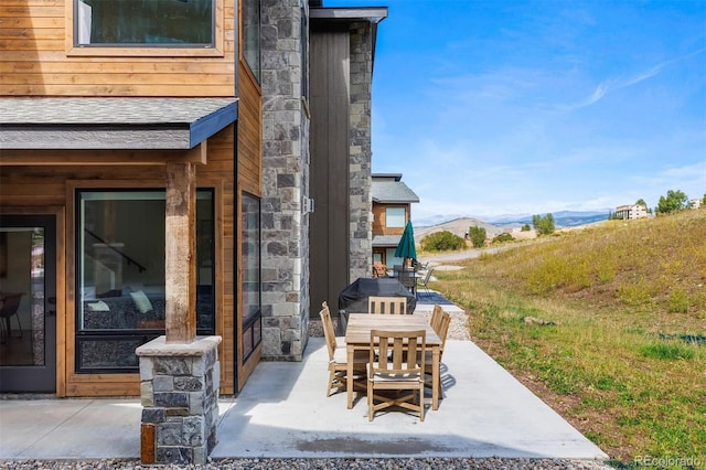 view of patio featuring a mountain view