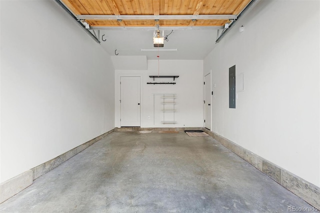 garage featuring electric panel, wooden ceiling, and a garage door opener