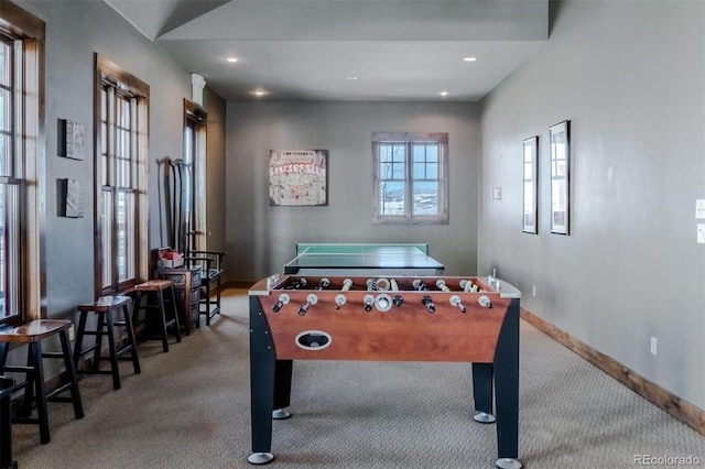 recreation room featuring carpet flooring