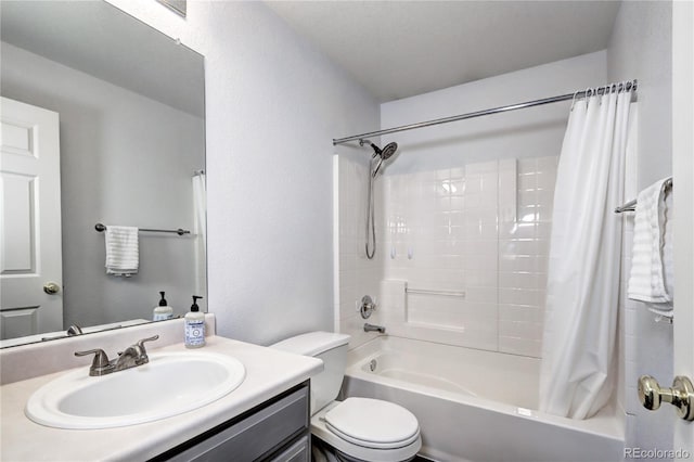 bathroom with toilet, vanity, and shower / bathtub combination with curtain