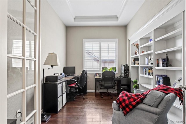 7790 S Queensburg Way, Aurora, CO 80016 - office with dark wood-style floors, crown molding, and a raised ceiling