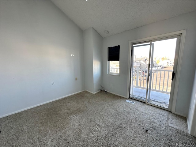 empty room with lofted ceiling, carpet, and a textured ceiling