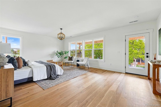 2391 Hudson St, Denver, CO 80207 - bedroom with access to exterior, a chandelier, multiple windows, and light wood-style floors