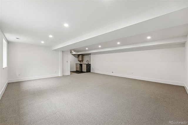 2391 Hudson St, Denver, CO 80207 - finished below grade area featuring recessed lighting, baseboards, carpet flooring, and bar area