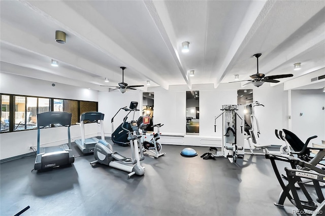 exercise room with baseboards and ceiling fan