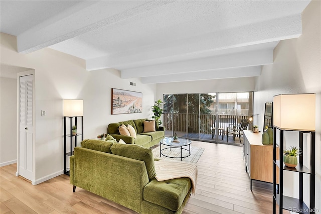 living room featuring beamed ceiling, visible vents, light wood-style flooring, a textured ceiling, and baseboards