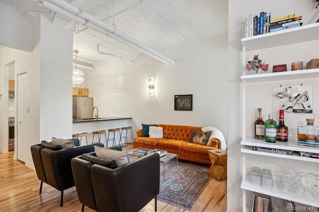 living room with hardwood / wood-style floors and sink