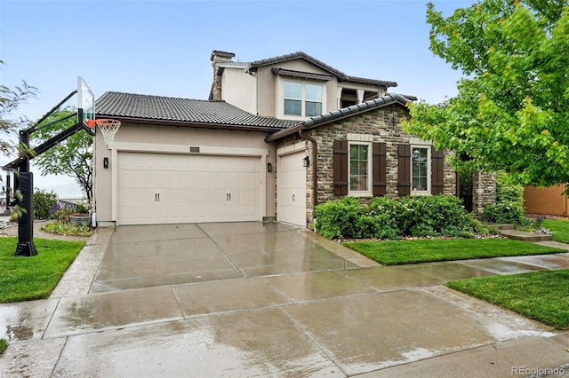 15377 W Iliff Dr, Denver, CO 80228 - view of front facade with a tiled roof, stone siding, an attached garage, stucco siding, and a chimney