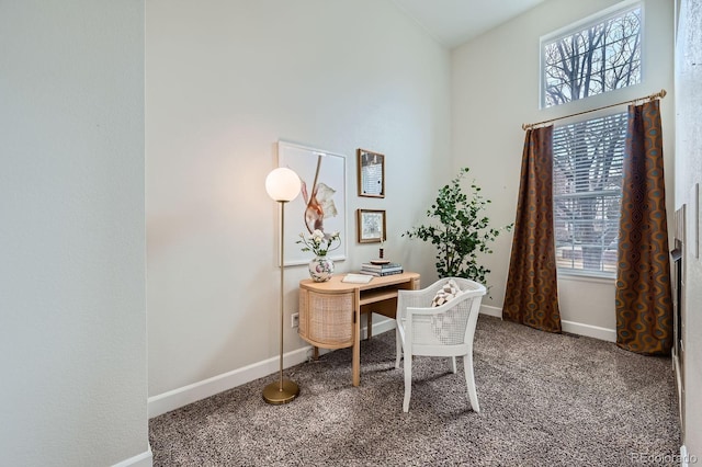 carpeted home office featuring a towering ceiling and baseboards