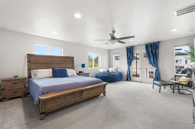 1353 Quaker St, Golden, CO 80401 - bedroom with carpet floors, access to outside, recessed lighting, a ceiling fan, and french doors
