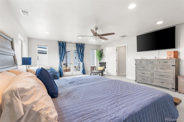 1353 Quaker St, Golden, CO 80401 - bedroom with recessed lighting, light colored carpet, ceiling fan, access to exterior, and multiple windows
