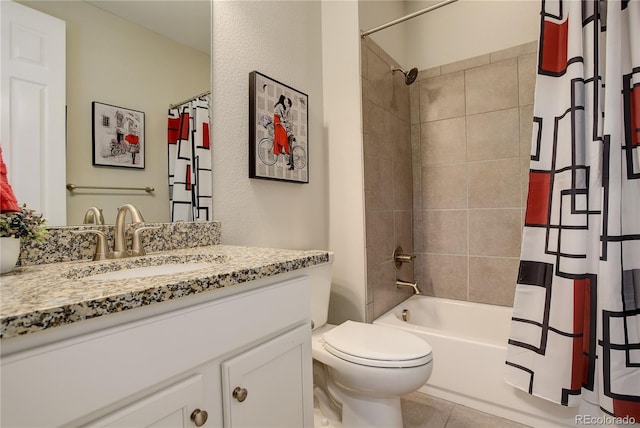full bathroom with toilet, shower / bath combo with shower curtain, vanity, and tile patterned flooring