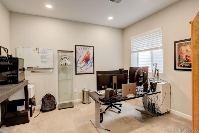 carpeted home office with baseboards and recessed lighting