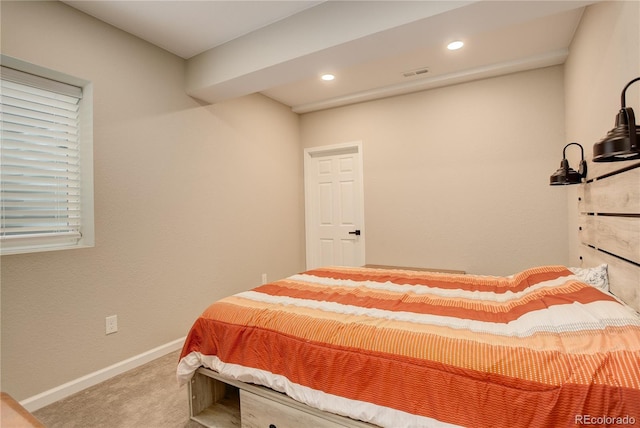 bedroom with carpet, baseboards, and recessed lighting