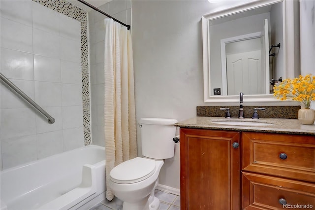 full bathroom featuring vanity, tile patterned floors, toilet, and shower / tub combo with curtain