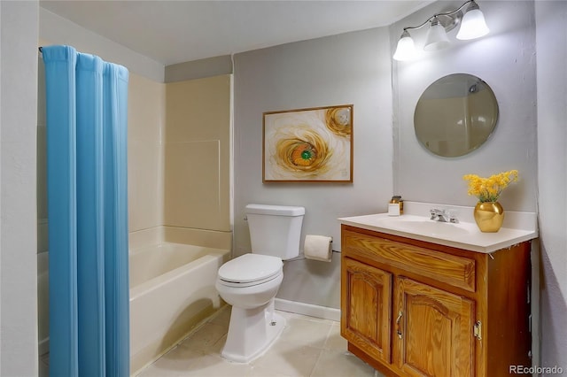 full bathroom with vanity, shower / tub combination, tile patterned floors, and toilet