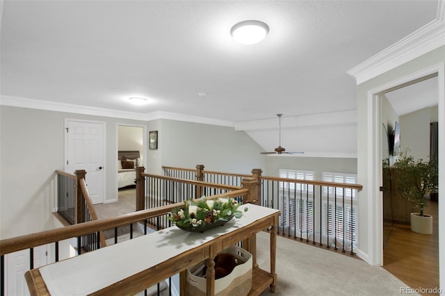 7027 Chestnut Hill St, Highlands Ranch, CO 80130 - corridor featuring an upstairs landing, ornamental molding, and light carpet