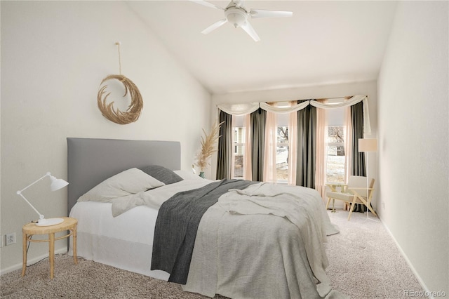 bedroom with lofted ceiling, carpet flooring, and ceiling fan