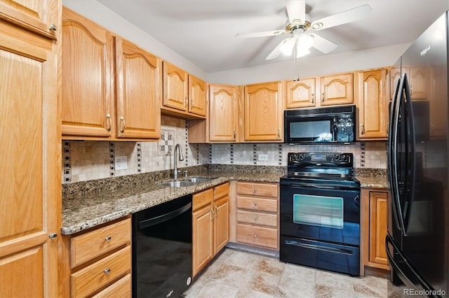 585 S Alton Way Unit 4D, Denver, CO 80247 - kitchen with black appliances, stone counters, decorative backsplash, and ceiling fan