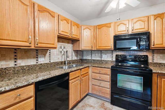585 S Alton Way Unit 4D, Denver, CO 80247 - kitchen with black appliances, light stone counters, backsplash, a ceiling fan, and light brown cabinets