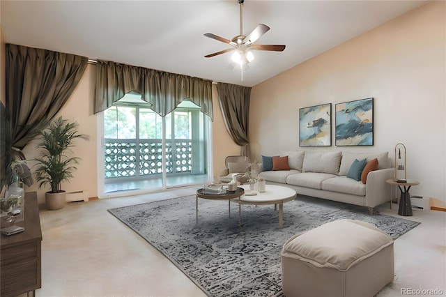 585 S Alton Way Unit 4D, Denver, CO 80247 - living room with ceiling fan, carpet floors, lofted ceiling, and baseboard heating