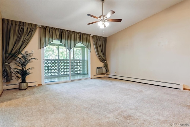 585 S Alton Way Unit 4D, Denver, CO 80247 - carpeted spare room with baseboard heating, a ceiling fan, lofted ceiling, and a wall mounted air conditioner