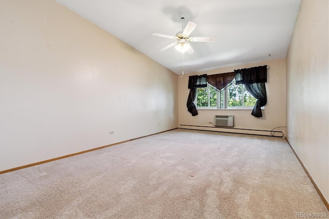 585 S Alton Way Unit 4D, Denver, CO 80247 - carpeted empty room with vaulted ceiling, a wall mounted air conditioner, a ceiling fan, and a baseboard radiator