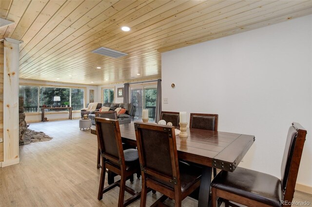 28251 Shadow Mountain Dr, Conifer, CO 80433 - dining space featuring wooden ceiling, recessed lighting, and light wood-type flooring