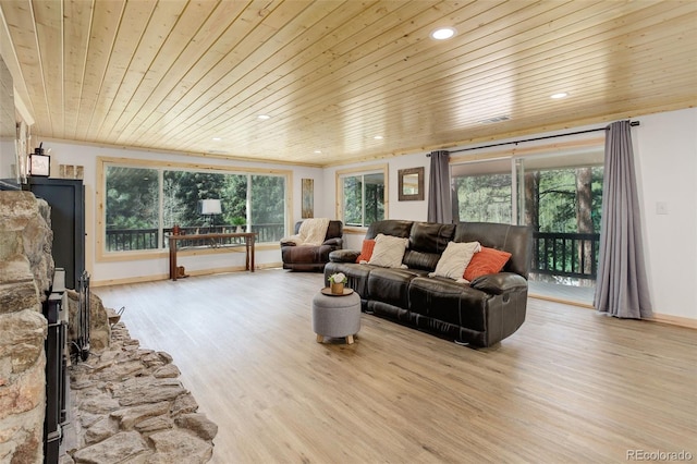 28251 Shadow Mountain Dr, Conifer, CO 80433 - living area with wooden ceiling, wood finished floors, recessed lighting, and baseboards