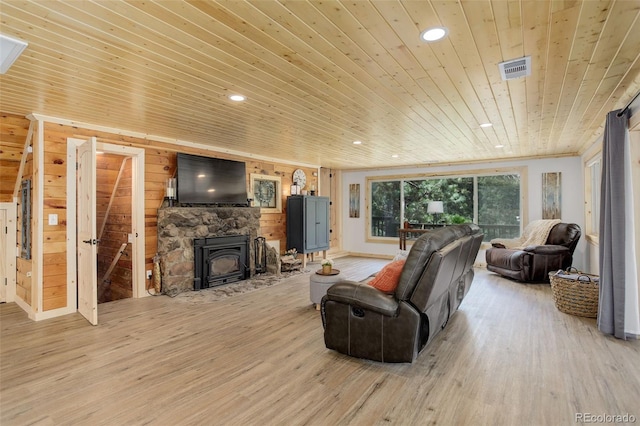 28251 Shadow Mountain Dr, Conifer, CO 80433 - living area featuring wooden ceiling, light wood-type flooring, recessed lighting, and wood walls