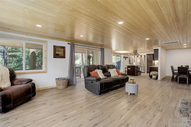 28251 Shadow Mountain Dr, Conifer, CO 80433 - living room featuring wooden ceiling, light wood-style flooring, baseboards, and recessed lighting