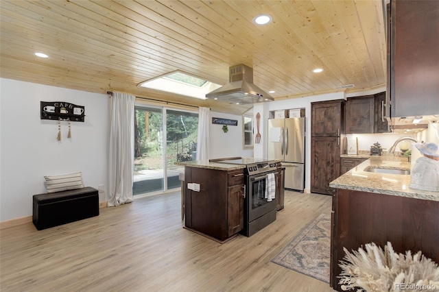 28251 Shadow Mountain Dr, Conifer, CO 80433 - kitchen with wood ceiling, appliances with stainless steel finishes, island range hood, dark brown cabinetry, and a center island