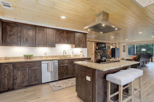 28251 Shadow Mountain Dr, Conifer, CO 80433 - kitchen with stainless steel dishwasher, island range hood, wooden ceiling, black electric cooktop, and light wood-style flooring