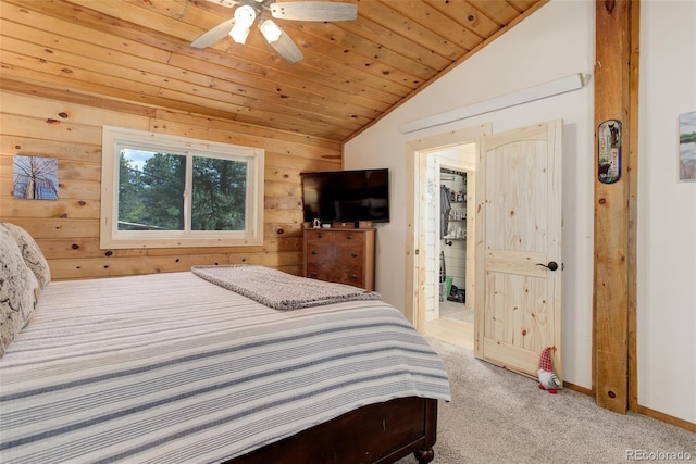 28251 Shadow Mountain Dr, Conifer, CO 80433 - carpeted bedroom featuring lofted ceiling, wood ceiling, wood walls, baseboards, and a ceiling fan