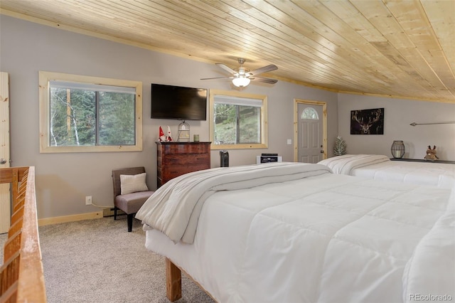 28251 Shadow Mountain Dr, Conifer, CO 80433 - bedroom featuring wooden ceiling, carpet flooring, baseboards, and a ceiling fan